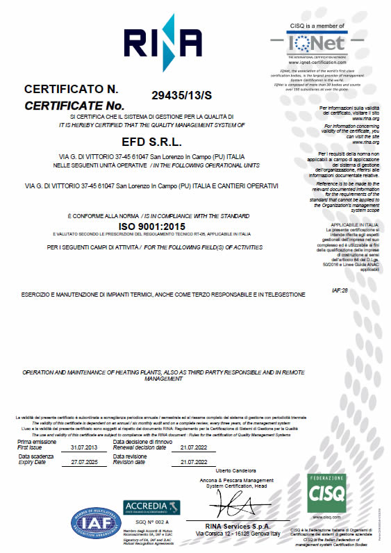 Certificazione impianti ISO 9001:2008